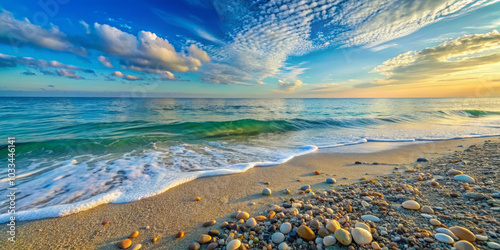 serene oceanfront setting with gentle waves rolling onto quiet beach, showcasing beautiful sky filled with clouds and vibrant colors at sunset