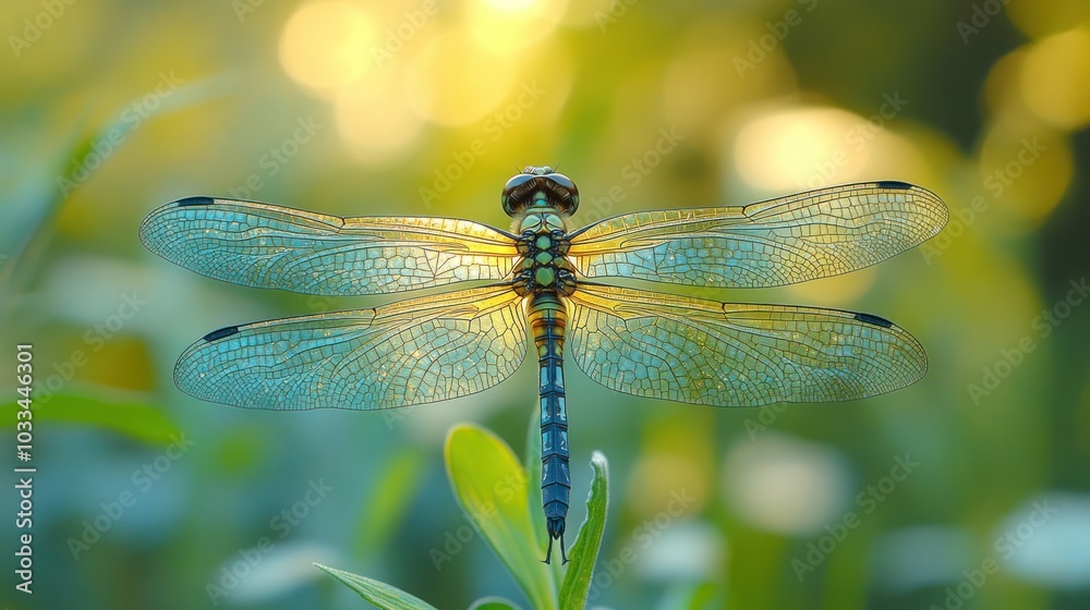 A blue and green dragonfly with translucent wings sits on a green plant with a blurred green and yellow background. A blue and green dragonfly with translucent wings sits on a green plant with a blurred green and yellow background.