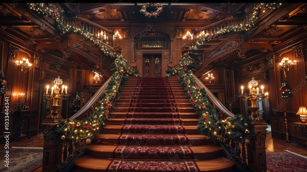 Obraz premium Magnificent grandiose historic manor house or castle interior staircase ornately decorated with lush Christmas garlands wreaths and glowing candles creating a warm festive