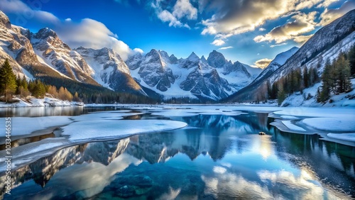 Serene Winter Landscape with Frozen Lake Reflecting Snow-Covered Mountains and Evergreen Trees