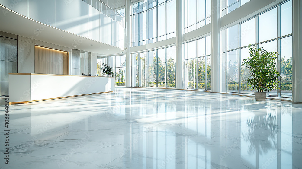 A large, bright, and modern business building lobby features white marble floors and glass windows on the walls A large, bright, and modern business building lobby features white marble floors and glass windows on the walls