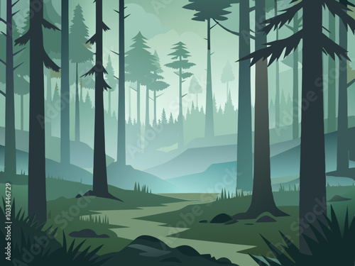 fog in the forest ,Forest landscape with coniferous trees and fog. Vector illustration.
