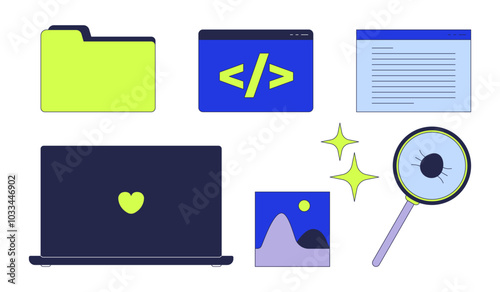 Programming desktop icons 2D cartoon objects set. Angle brackets slash. Bug fix. Open laptop. Folder document isolated elements flat vector cliparts on white background. Spot illustrations collection