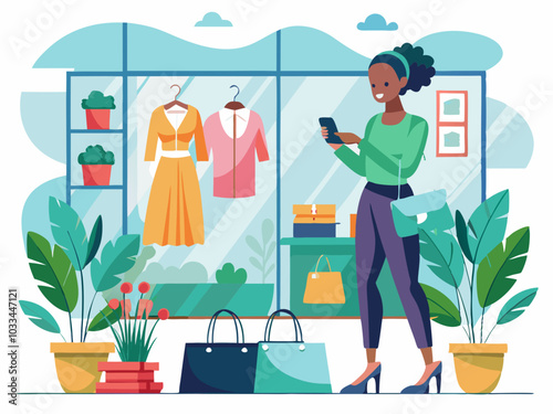 Stylish woman shopping in a garden during a summer sale