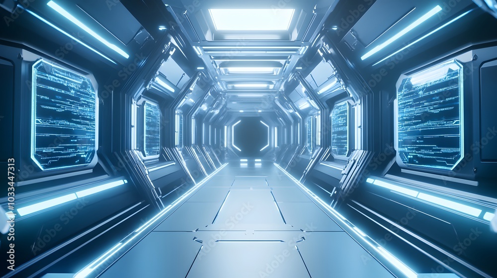 Fototapeta premium Futuristic spaceship corridor with glowing blue lights and digital screens