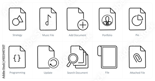 A set of 10 File icons as strategy, music file, add document