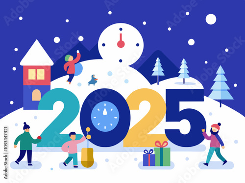 Happy New Year and Merry Christmas. Winter landscape with people, houses, trees and snowflakes. Vector illustration.
