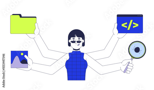 Multitasking woman programmer 2D cartoon character. Managing tasks. Multi hands korean female coding computer engineer isolated person flat vector on white background. Spot illustration colorful