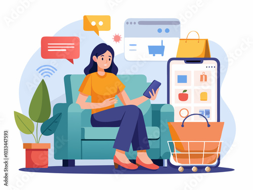 Online shopping concept. Woman sitting in armchair with smartphone and shopping bags. Vector illustration in flat style

