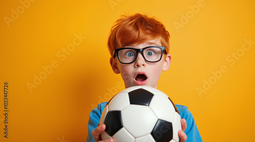 Un garçon avec une drole de tete attrape un ballon de football noir et blanc. Sur un fond orange photo