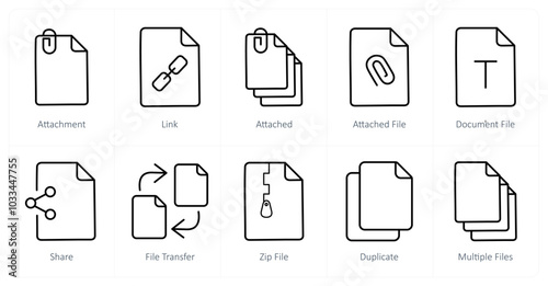 A set of 10 File icons as attachment, link, attached
