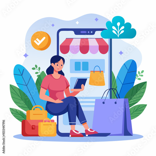 Online shopping concept. Woman with smartphone and bags. Vector illustration in flat style,Online shopping concept vector illustration in flat cartoon style. Woman sitting on chair and using smartphon