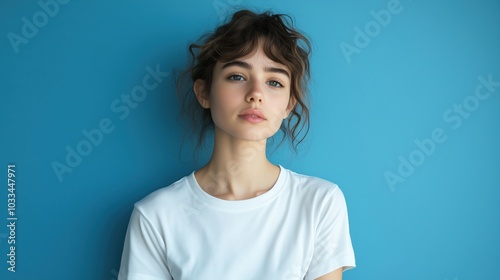 Portrait of young woman with curly hair against blue background, natural beauty