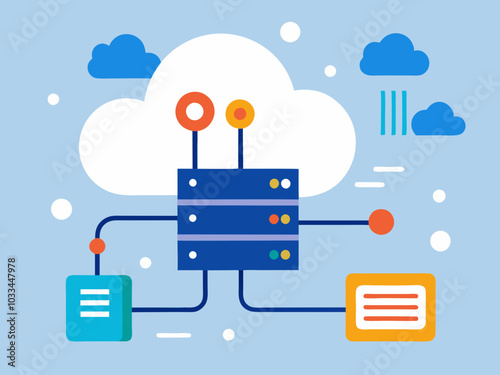 Cloud computing technology concept. Data center and server. Vector illustration.
Cloud computing concept. Server and network on blue background. Vector illustration
