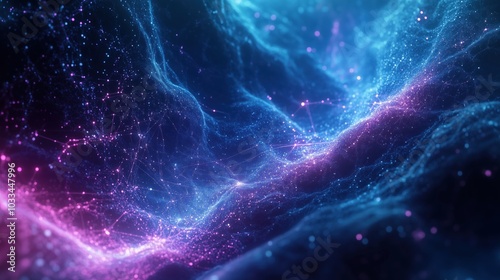 Abstract cosmic landscape with glowing particles and waves, vibrant colors