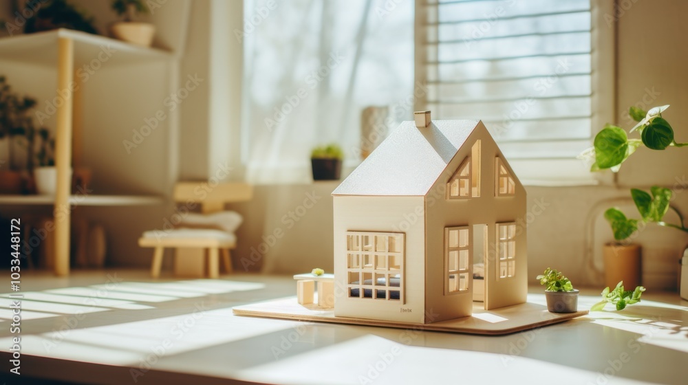 A charming miniature house sits on a sunlit desk, surrounded by gentle plants, evoking homely warmth and tranquility. A charming miniature house sits on a sunlit desk, surrounded by gentle plants, evoking homely warmth and tranquility.