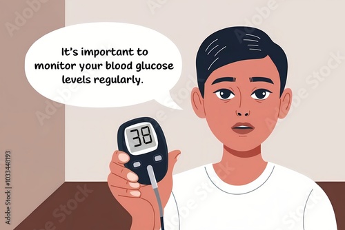 Person holding blood glucose monitor. Modern flat cartoon style. Health awareness concept. Medical education, diabetes prevention. For healthcare resources, educational materials.