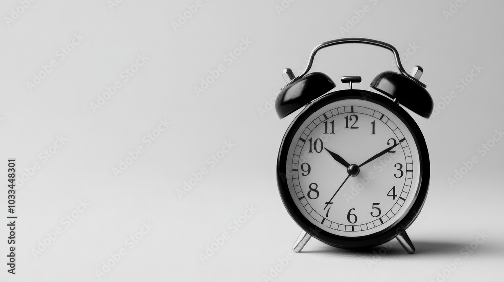 Classic black alarm clock with white face and black hands on white background. Classic black alarm clock with white face and black hands on white background.