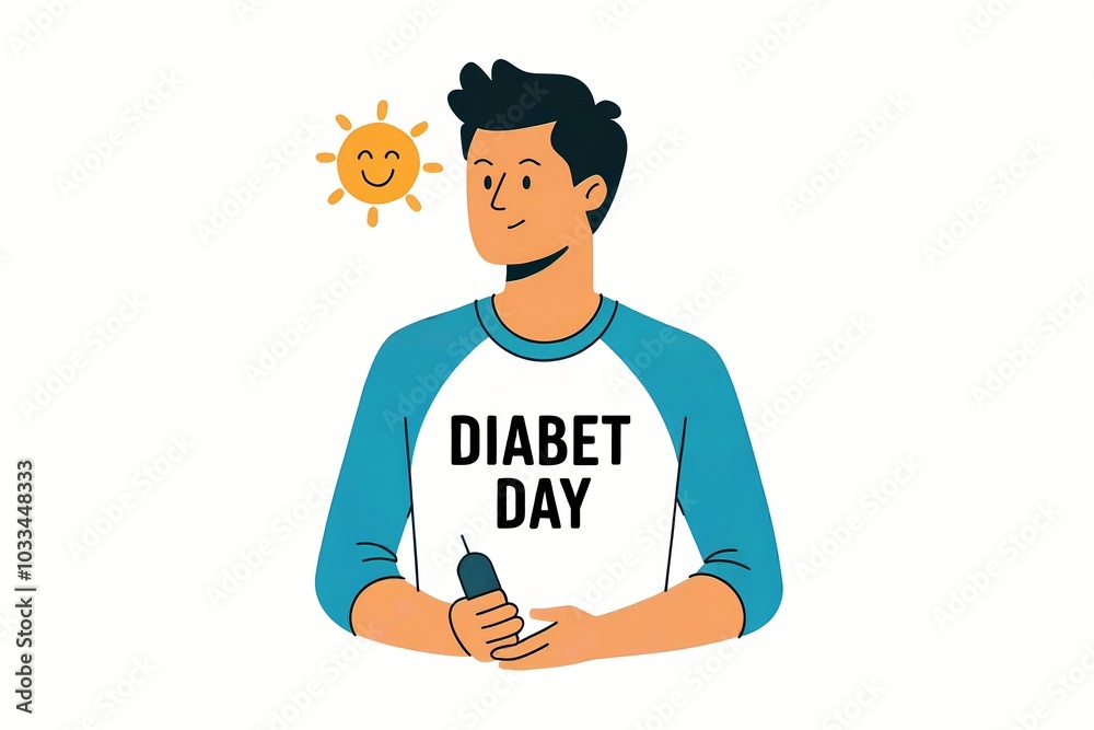 Man holding glucose meter. Cartoon style. Health awareness concept. World diabetes day. Support for awareness campaigns. Design for poster, flyer, card with copy space. Man holding glucose meter. Cartoon style. Health awareness concept. World diabetes day. Support for awareness campaigns. Design for poster, flyer, card with copy space.