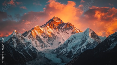 Majestic Snow-Capped Mountain Peak Bathed in Golden Sunset Light