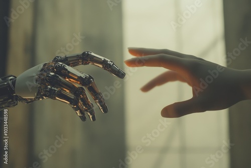 A robotic hand reaches out to a human hand, symbolizing the growing relationship between humans and technology.