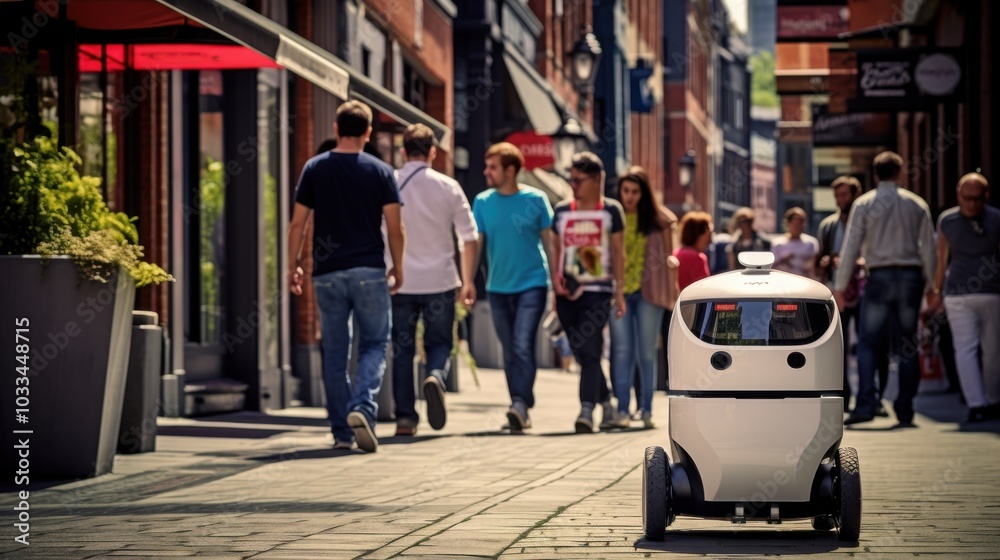 A small delivery robot navigates through a bustling pedestrian street, showcasing the interplay of technology and everyday urban life. A small delivery robot navigates through a bustling pedestrian street, showcasing the interplay of technology and everyday urban life.