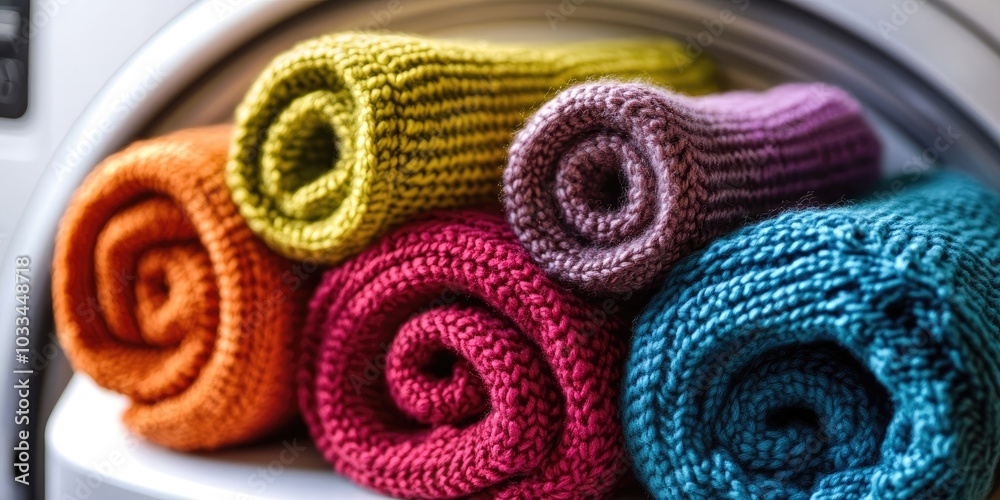 Colored rolled sweaters on top of the washing machine. Colored rolled sweaters on top of the washing machine.