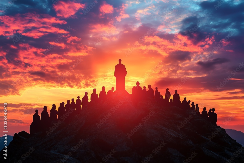 Fototapeta premium Majestic Sunset Gathering on Hill with Silhouetted Crowd and Leader in Peaceful Setting, Spiritual Unity Concept