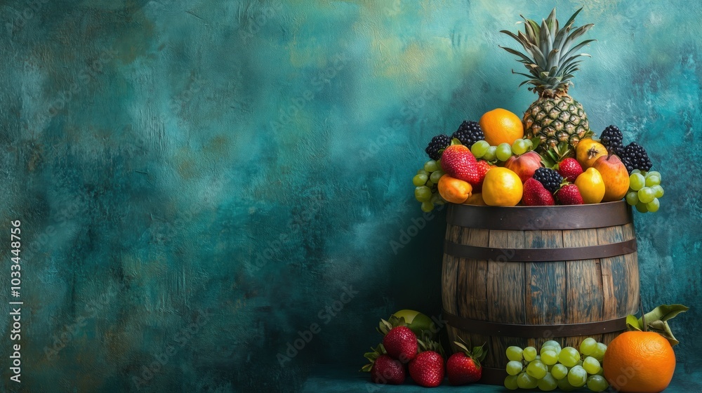 Colorful fruit arrangement in wooden barrel, featuring pineapple, strawberries, grapes