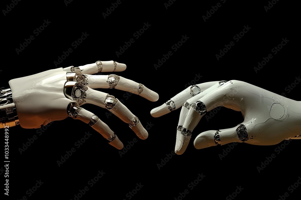 Two robotic hands reaching towards each other in a gesture of connection. Two robotic hands reaching towards each other in a gesture of connection.