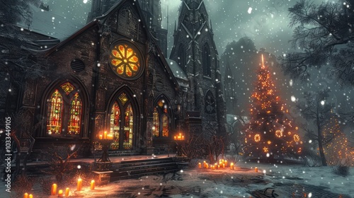 Snowy winter night scene of an illuminated historic gothic cathedral with a large decorated Christmas tree in the foreground surrounded by glowing candles and stained glass windows