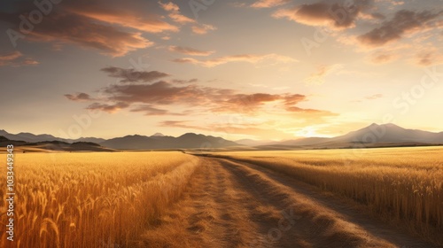 A dirt road softly winds through endless golden fields of wheat under a picturesque evening sky, emblematic of rural tranquility and harvest.