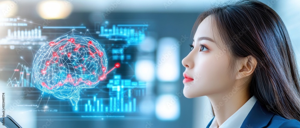A thoughtful woman analyzes data visualization technology, representing innovation and artificial intelligence in a modern workspace. A thoughtful woman analyzes data visualization technology, representing innovation and artificial intelligence in a modern workspace.