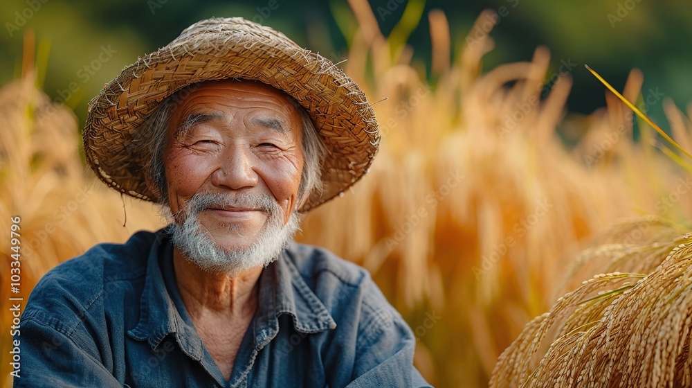 Fototapeta premium Close-up of an Asian farmer wearing a straw hat stands smiling happily at a rice field.Close-up of an Asian farmer wearing a straw hat stands smiling happily at a rice field.
