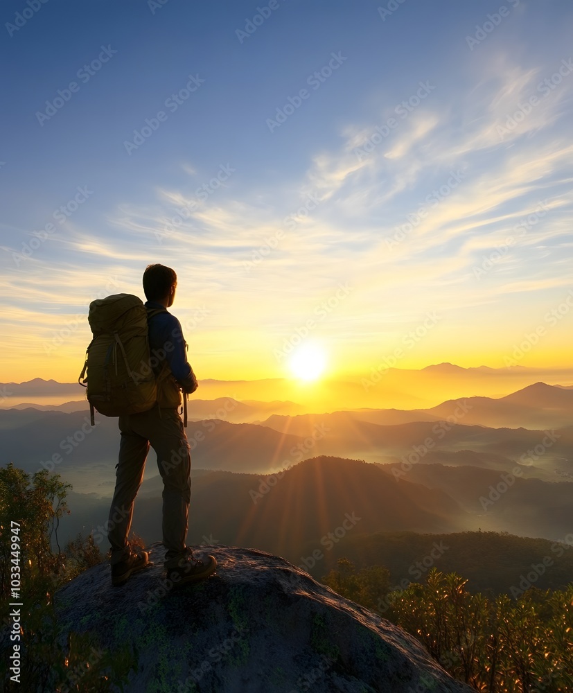 Obraz premium Hiker Pausing at Summit While Enjoying Sunrise View