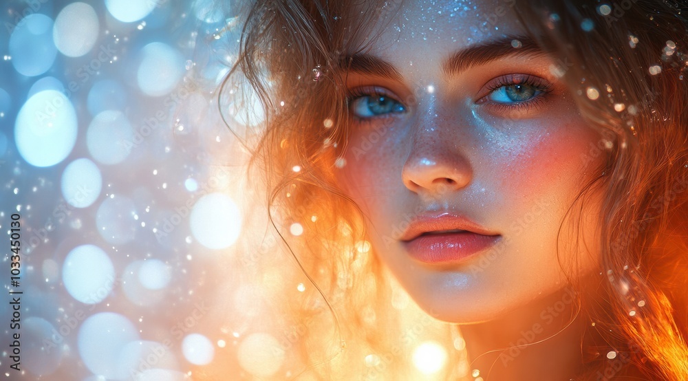 A closeup of a woman's face intertwined with delicate, twinkling fairy lights, casting a gentle, mesmerizing glow. A closeup of a woman's face intertwined with delicate, twinkling fairy lights, casting a gentle, mesmerizing glow.