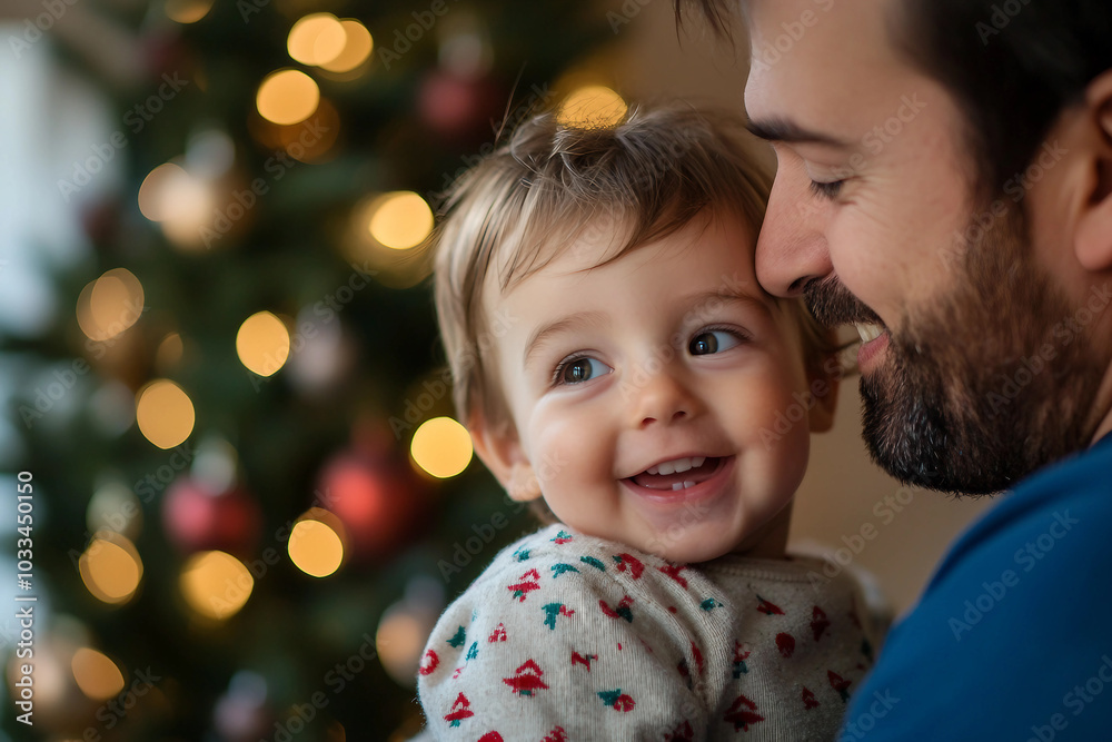 Generative AI image of mother father child couple family together by decorated Christmas tree holiday celebration themes Generative AI image of mother father child couple family together by decorated Christmas tree holiday celebration themes