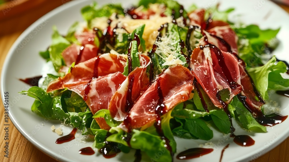 Close-up of a gourmet salad with prosciutto, arugula, Parmesan cheese and balsamic vinegar dressing on a white plate. Close-up of a gourmet salad with prosciutto, arugula, Parmesan cheese and balsamic vinegar dressing on a white plate.