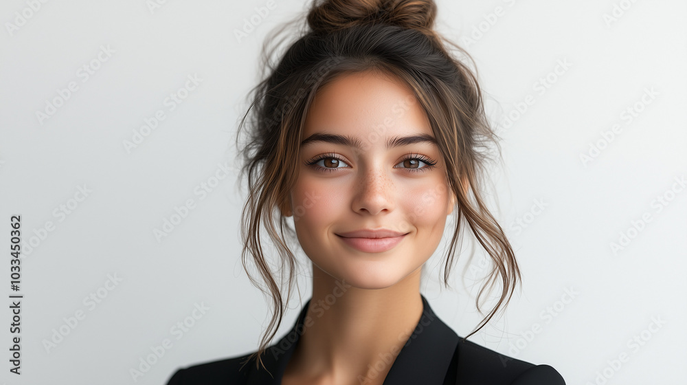 Confident business woman with high hairstyle smiles warmly on gray neutral background Confident business woman with high hairstyle smiles warmly on gray neutral background
