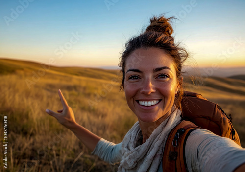 A close-up shot of the woman's smiling face, her hand raised in greeting or offering something to someone off-camera. photo