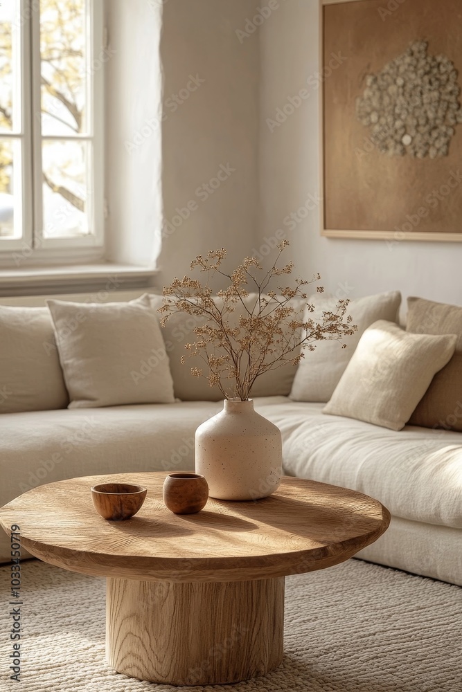 Fototapeta premium Creative composition of stylish modern spacious living room with grey sofa, wooden cubes, pillows, plaid, carpet, white vases and small personal accesories. Copy space, Generative AI