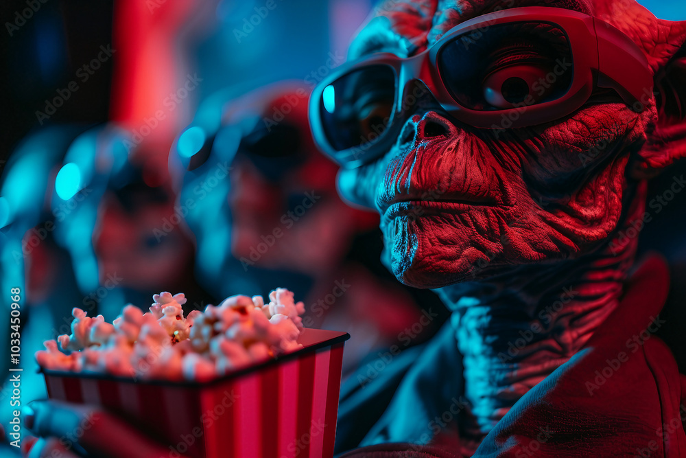 Fototapeta premium UFO space visitor alien on Earth living human life with everyday routine staff, Generative AI