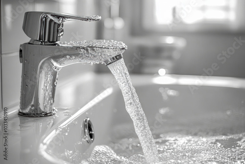 Water flowing from a shiny faucet into a white sink in a bright bathroom during the day