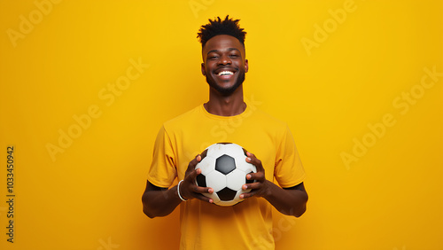 Portrait d'un fan de football sur un fond jaune uni, il tient un ballon en regardant l'appareil photo photo