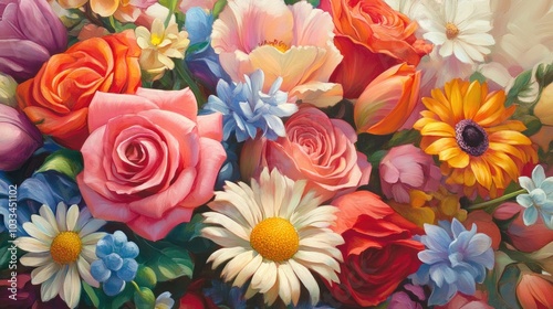 Bright, colorful close-up photo of a bouquet of blooming flowers, including roses, daisies, tulips and a variety of other flowers