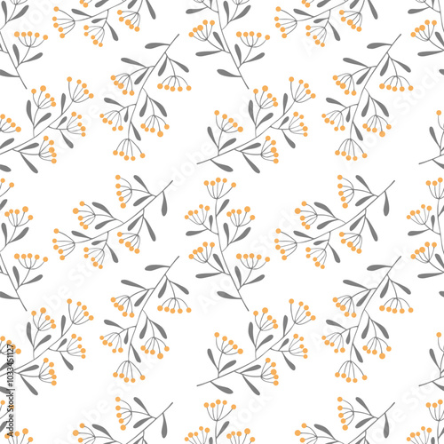 Winter and autumn pattern with twigs and yellow berry, hand drawn doodles on white background. For packaging, textile covering. Vector illustration