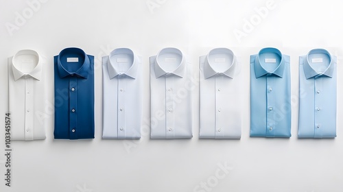 A variety of white and blue dress shirts are arranged in rows, from left to right
