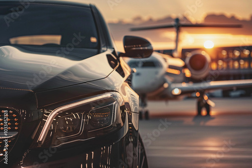 AI generated photo of private airplane business jet and luxury car at airport at sunset photo