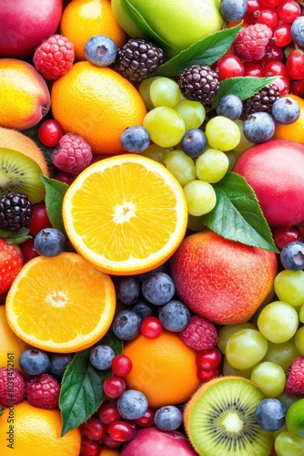 A vibrant assortment of fresh fruits including oranges, apples, and berries, perfect for healthy eating and colorful dishes.