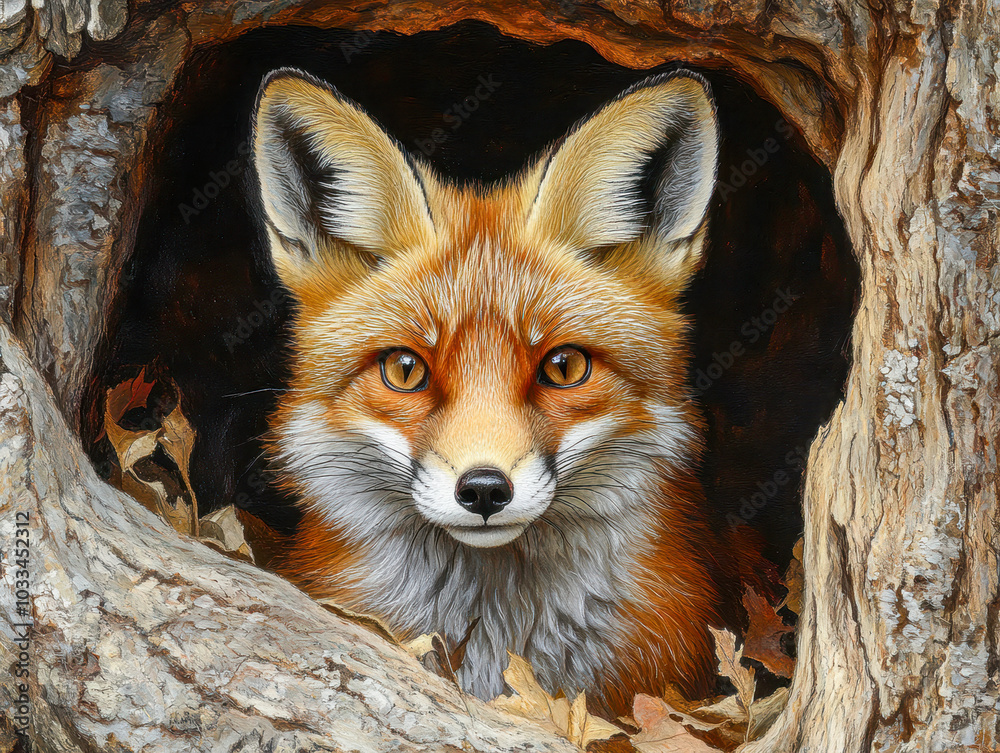 Fototapeta premium A red fox curiously peeking out from its den nestled in a tree, highlighting its vibrant fur and expressive eyes in natural surroundings